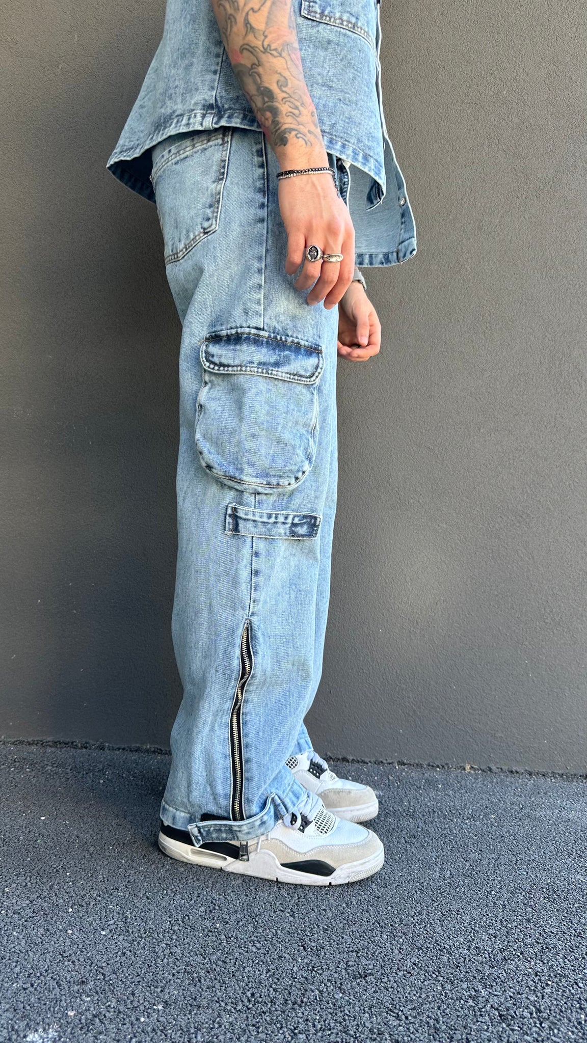 Jeans cargo zip marmorizzato