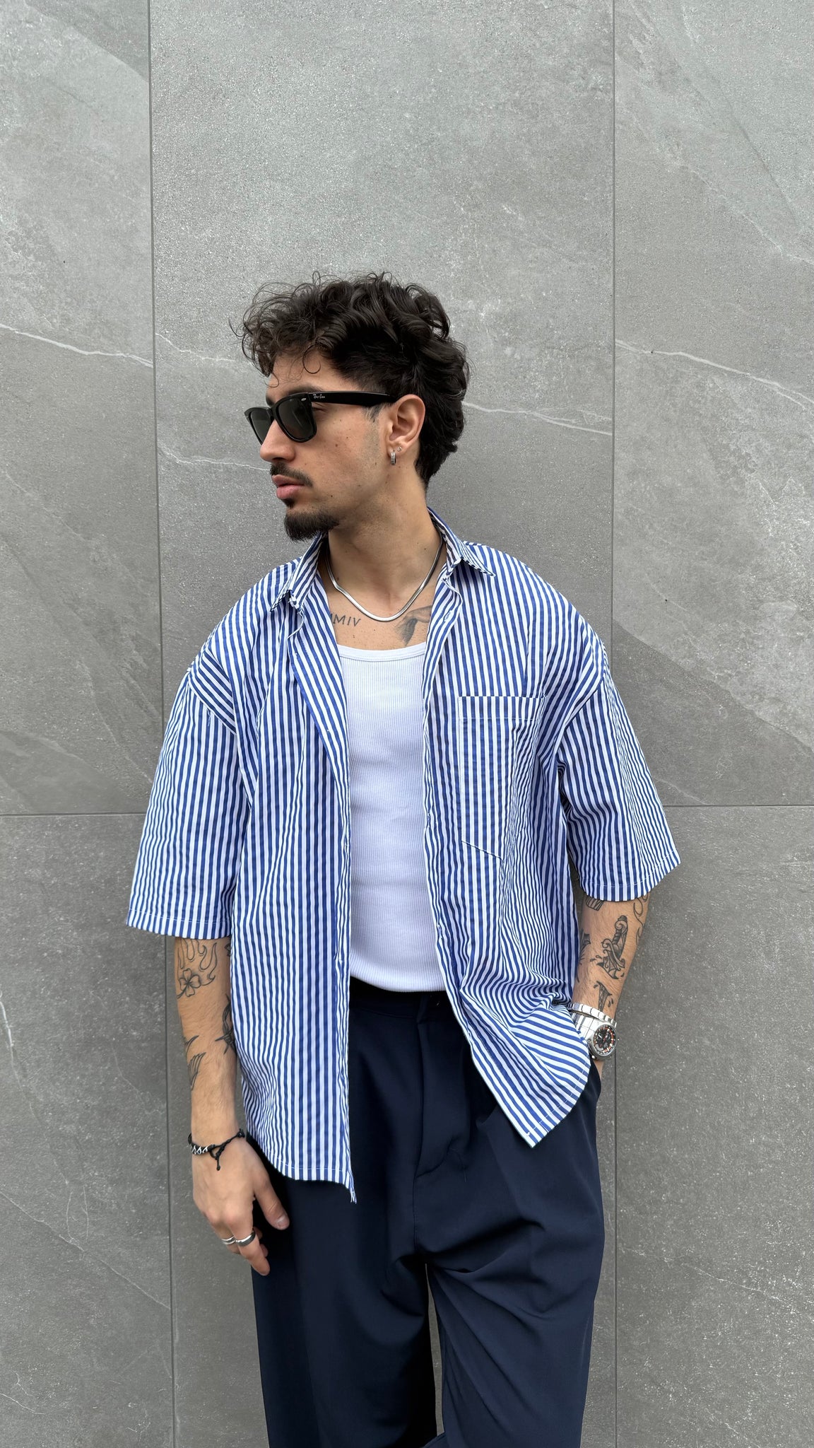 Camicia riga blu cropped m/m