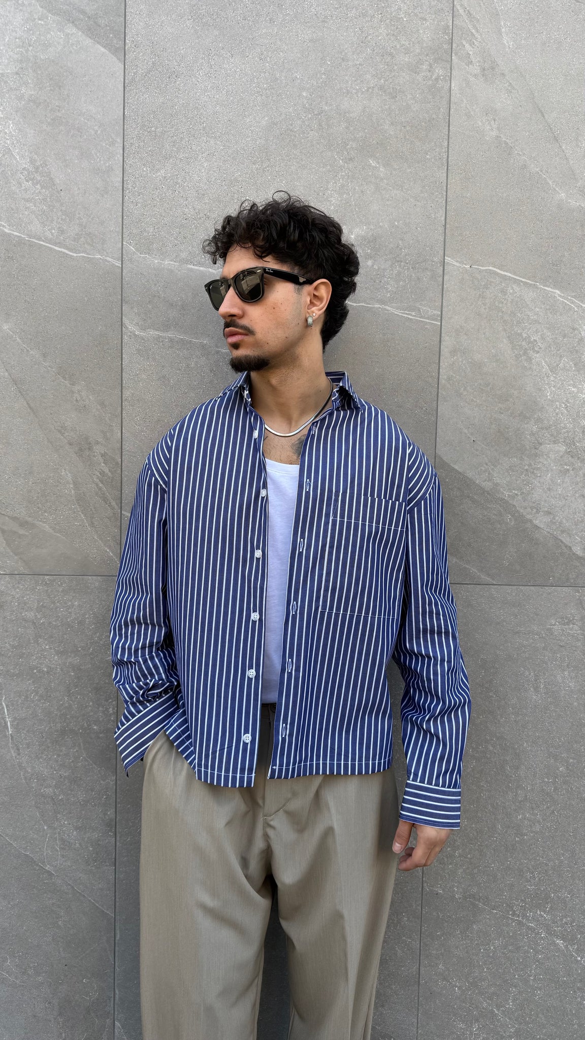 Camicia M/L cropped riga blu